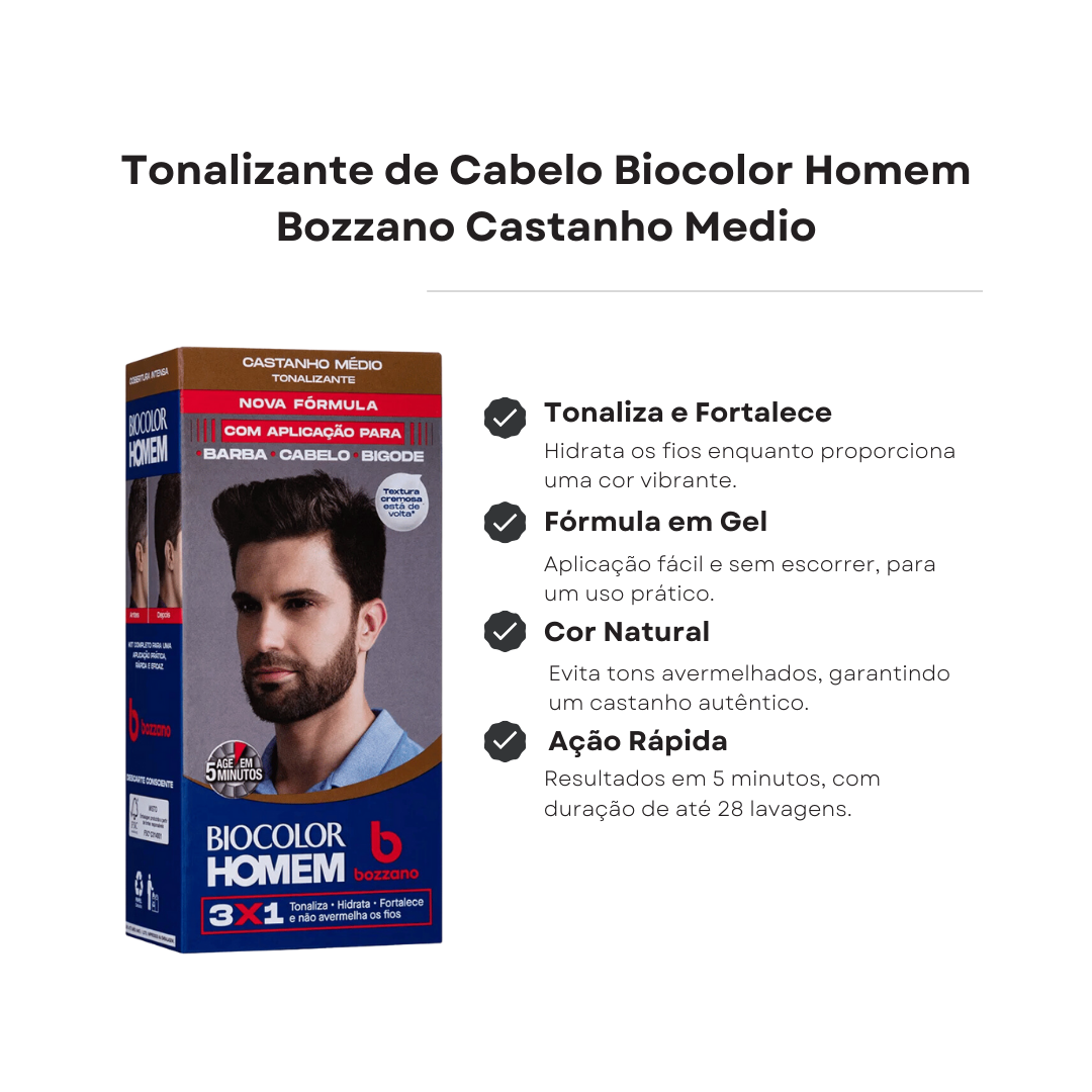 Tonalizante Cabelo e Barba Castanho Médio Biocolor Bozzano