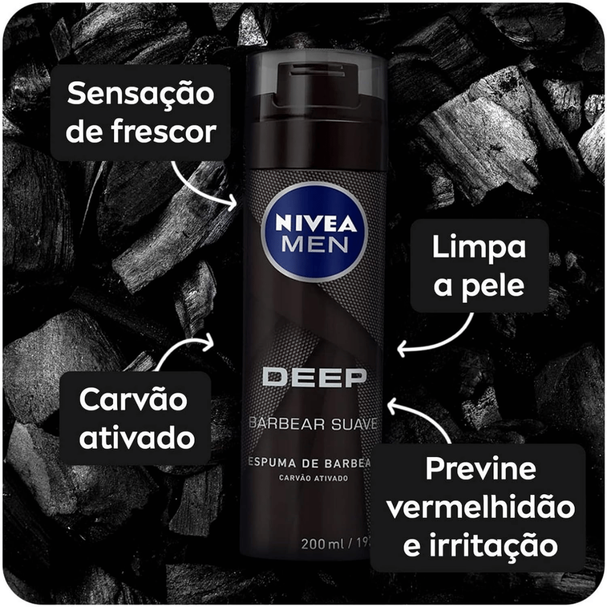 Espuma de Barbear Carvão Ativado Nivea Men Deep Suave 200ml - Shopmano